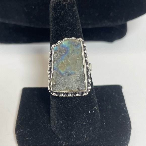 Silver Tone Gray Labrodite Stone Ring Size 8 - Picture 1 of 8